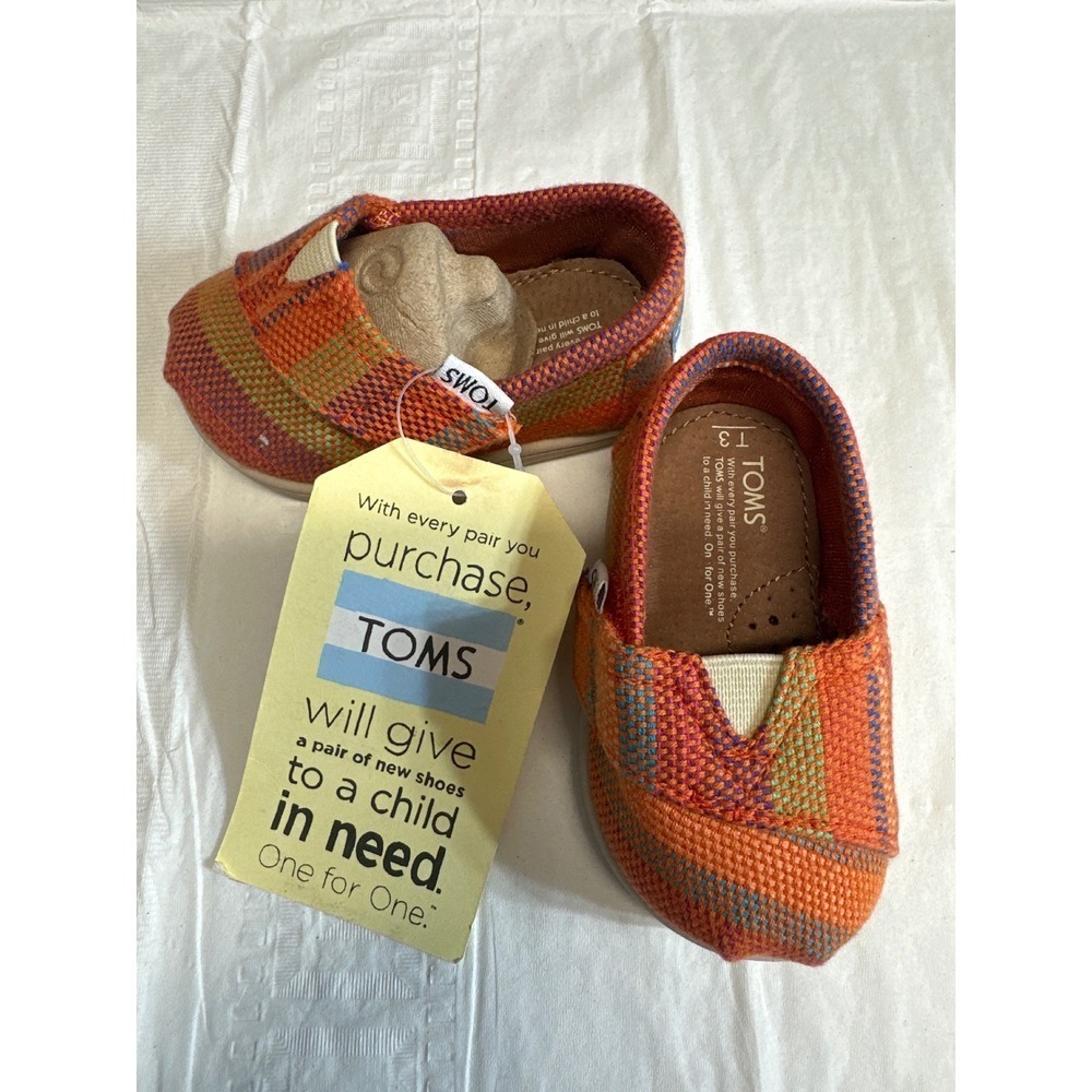 TOMS Toddler Shoes Orange Multi Stripe Hook Loop Size T3 - Picture 6 of 7